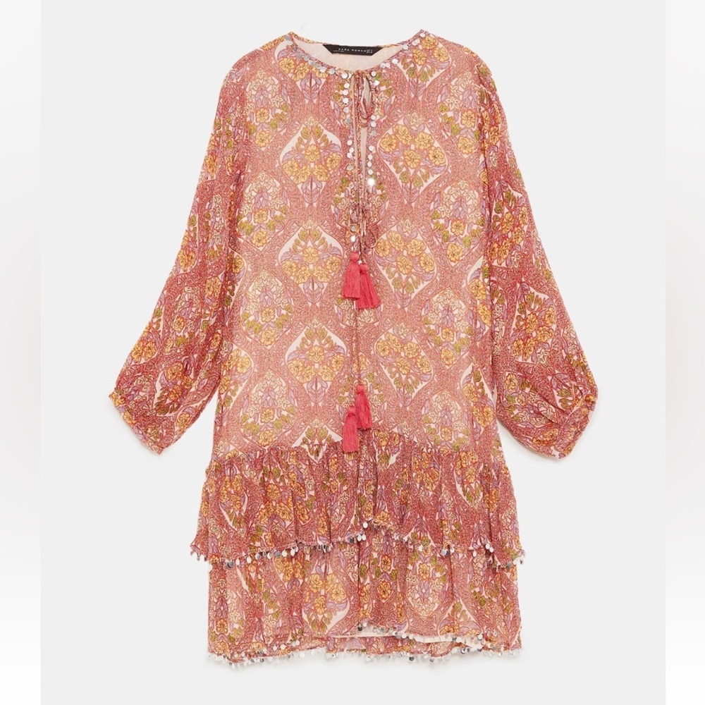 ZARA SHORT RUFFLED DRESS W/ SEQUIN V-NECK TASSELS